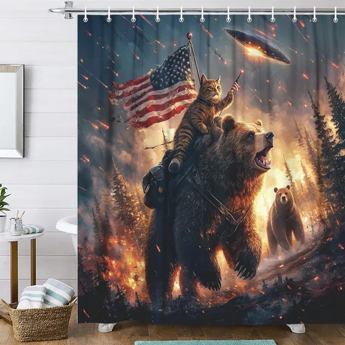 Vista 11 de Divertida cortina de ducha con diseño de gato con gorila en la selva, decoración de baño de animales humorísticos en blanco y negro, juego