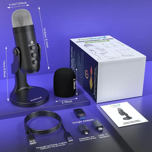 Vista 7 de ZealSound Micrófono Inalámbrico, Micrófono USB para iPhone PC iPad Teléfono Android - Micrófonos Condensadores de Escritorio Inalámbricos con Negro