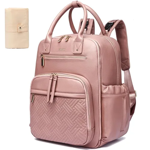 Vista 10 de Mochila de cuero para pañales para mujer con múltiples bolsillos, compartimento para laptop y cambiador.