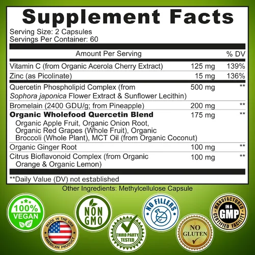 Vista 6 de Quercetina con bromelina – Complejo fosfolípido de quercetina 500 mg Suplemento de alta absorción – Apoyo inmunológico con vitamina C, zinc