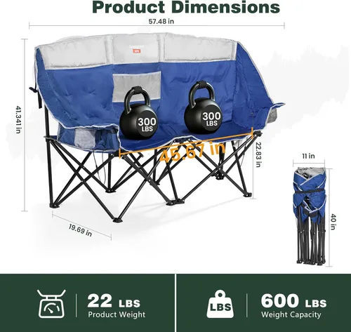 Vista 3 de SUNNYFEEL Silla de Campamento Doble con Calefacción, Silla Loveseat Plegable de Gran Tamaño, Silla de Jardín Portátil/Plegable de Servicio Pesado