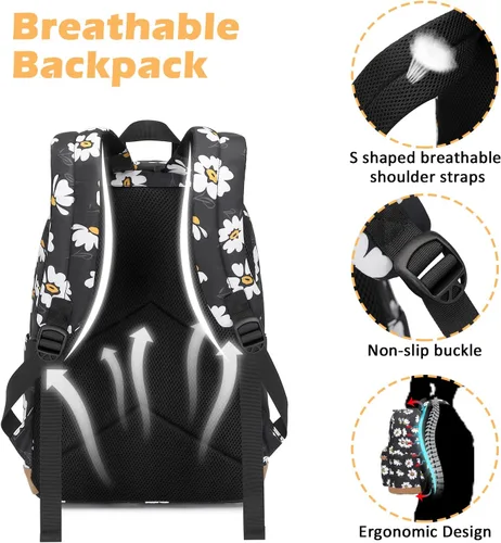 Vista 6 de Mochila escolar de 3 juegos, Pequeña margarita negra, Mediana, Mochilas Daypack