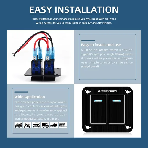 Vista 6 de Panel de interruptor basculante de aluminio de 2 vías, impermeable, precableado con retroiluminación azul, interruptor de palanca
