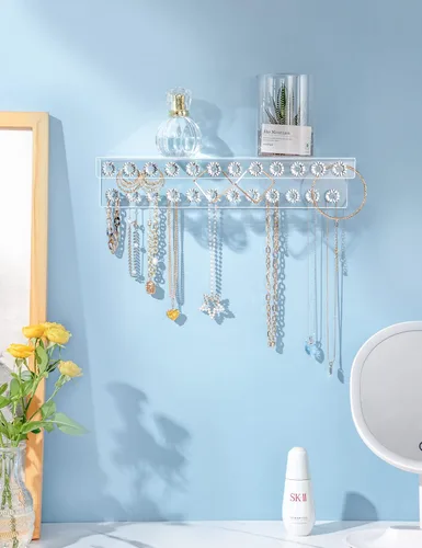 Vista 2 de Mymazn Paquete de 2 soportes acrílicos para collares con estante y 24 ganchos en forma de diamante, organizador de joyas montado en la pared