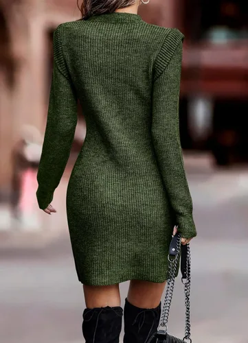 Vista 5 de BTFBM Suéter ajustado para mujer, vestido corto de manga larga, cuello redondo, ajustado, liso, elegante, para otoño e invierno, mini vestidos