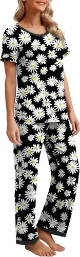 Vista 3 de PrinStory Conjunto de pijama de manga corta para mujer, pijama suave con bolsillos 2023