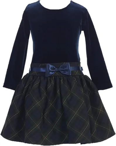 Vista 2 de Vestido de terciopelo y cuadros de manga larga para niñas Negro/Rojo