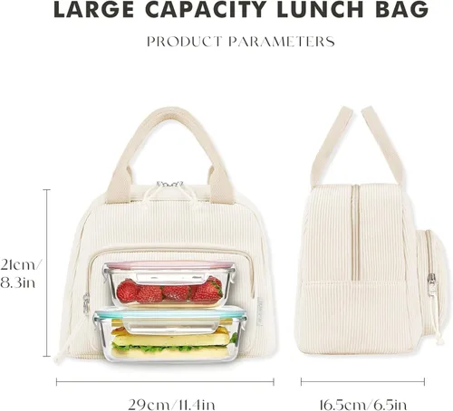 Vista 3 de HOMESPON Bolsa de Almuerzo para Mujeres Hombres Adultos con Bolsillo Frontal Bonita Pana Aislada Bolsa de Almuerzo Tote Gran Capacidad Caja
