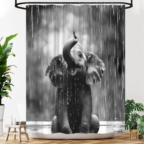 Vista 2 de Cortina de ducha con diseño de elefante, diseño de animales salvajes, diseño de gotas de lluvia, tela gris, con ganchos, 35 pulgadas de ancho x 70