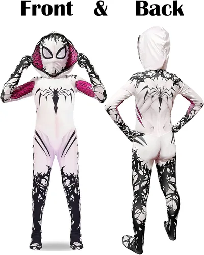 Vista 3 de Liokoon Disfraz de araña para niñas de 3 a 12 años, disfraz de superhéroe de araña blanca para cosplay