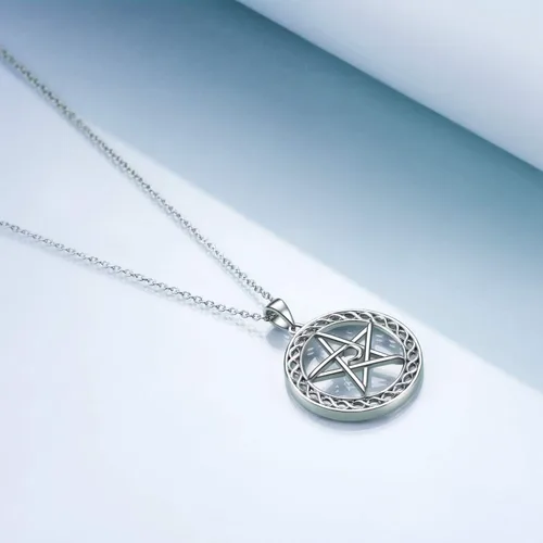 Vista 2 de YFN Collar de pentáculo de pentagrama de plata de ley, collar con colgante de pentáculo, collar con colgante de pentáculo, estrella celta, luna