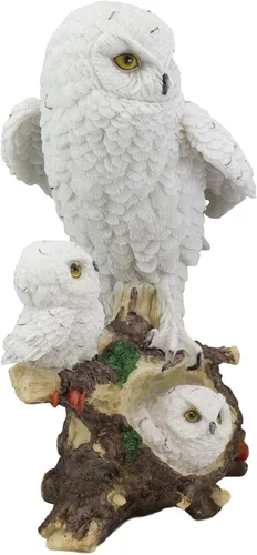 Vista 4 de Ebros - Tundra nevada búho blanco posado en rama de árbol con búhos bebés, estatua de 12 pulgadas de alto, caprichosa Tundra Forest Nocturnal