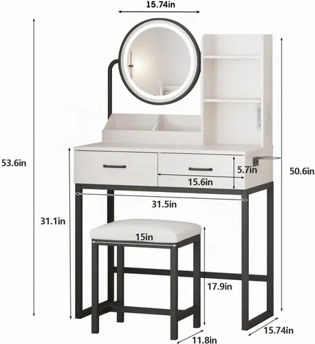 Vista 7 de Vabches Tocador de maquillaje con espejo redondo y luces, mesa de maquillaje blanca con estación de carga, mesa de tocador pequeña para dormitorio