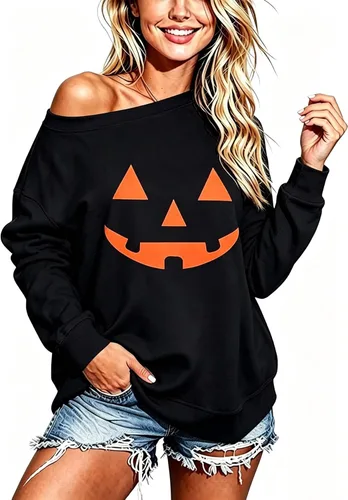 Vista 19 de Sudadera holgada de manga larga con hombros descubiertos para mujer de Halloween Gorro de Navidad negro