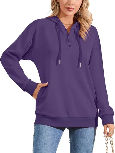 Vista 4 de YSYOKOW Women Hoodies Button Collar Drawstring Hoodie Pullover Sweatshirt Casual Long Sleeve Tunic Tops with Pockets