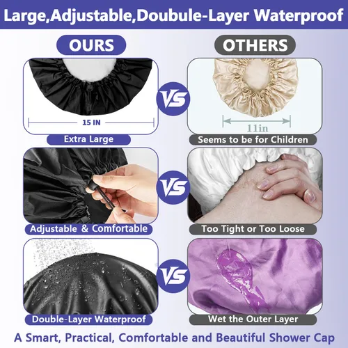 Vista 4 de 1 pieza de gorro de ducha, gorro de baño de doble capa y ajustable para la ducha, gorro de pelo extragrande reutilizable para mujer, exterior