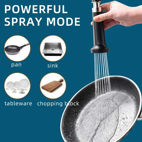 Vista 3 de Grifo de cocina extraíble con rociador, Fapully - Grifo de fregadero de cocina comercial negro primaveral con níquel cepillado