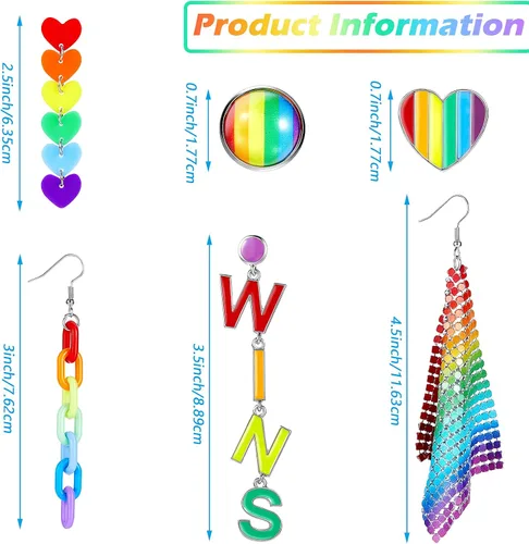 Vista 2 de 6 pares de aretes de arco iris, aretes de orgullo, aretes de malla de arco iris, aretes de clip de cadena ligera, aretes colgantes de amor, aretes