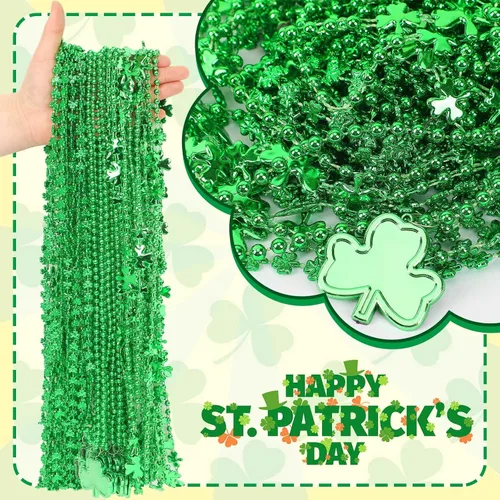 Vista 2 de JULBEAR 30 piezas de collares del Día de San Patricio, collares de cuentas metálicas verdes de trébol de trébol para suministros de fiesta de Mardi