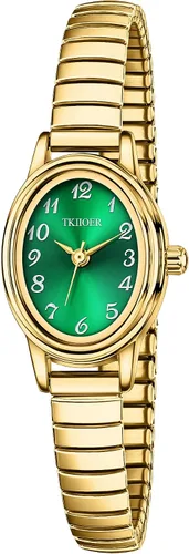 Vista 11 de Relojes pequeños de oro para mujer, reloj analógico de esfera fácil de leer, caja ovalada, banda de expansión de acero inoxidable, reloj impermeable