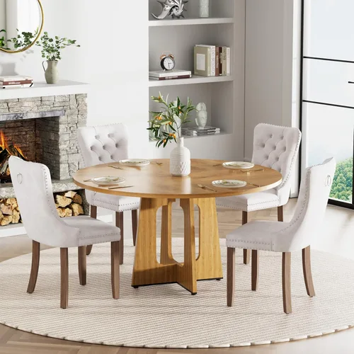 Vista 19 de Mesa de comedor redonda estilo granja para 6, mesa de cocina circular de 47" MDF con acabado de grano de madera, mesa de cocina y comedor de madera