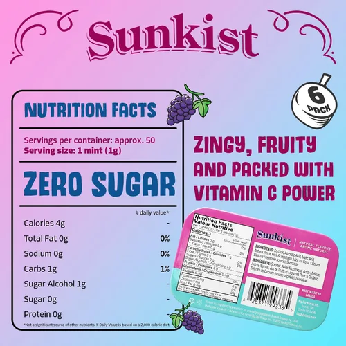 Vista 3 de Sunkist Sours - Caramelos agrios de pomelo sin azúcar, lata de 50 unidades (paquete de 6)