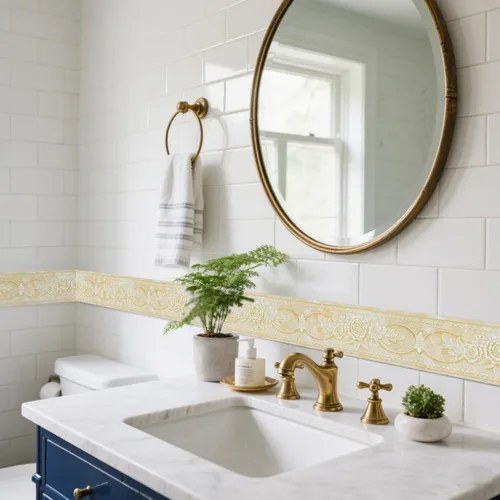 Vista 4 de AbaBoorty Papel Tapiz con Borde Floral Beige para Decoración 196"X4.1" Despegar y Pegar Borde de Pared Impermeable Adhesivo de Azulejos Papel Tapiz