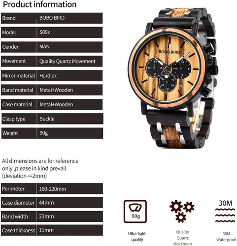 Vista 3 de BOBO BIRD Relojes de madera para hombre, reloj de madera ligero de lujo, pantalla multifuncional, relojes para hombre, Elegante