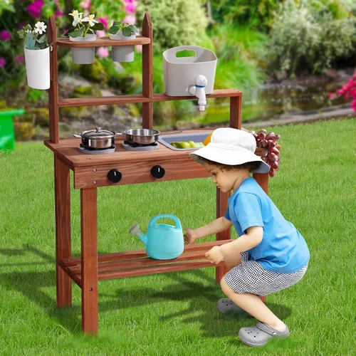 Vista 9 de ROBUD Cocina de barro para niños al aire libre, cocina de madera al aire libre, cocina de barro para niños con fregadero y grifo extraíbles