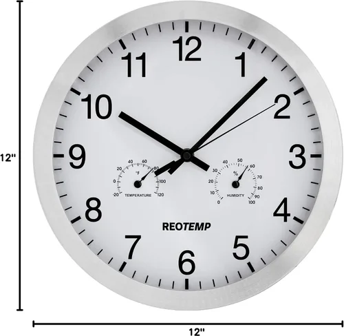 Vista 4 de REOTEMP Reloj de pared de 12" con temperatura y humedad, bisel de aluminio de metal cepillado