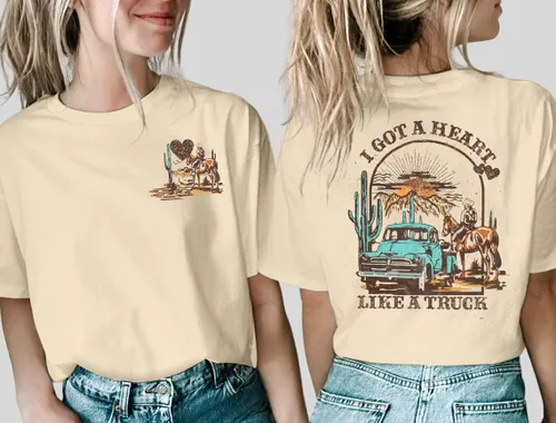 Vista 2 de Camiseta con texto en inglés "I Got A Heart Like A Truck" para mujer, camisetas de música country de Nashville, traje de concierto Western Sunset