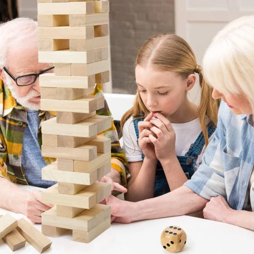 Vista 4 de Gentle Monster Torre gigante con dados y tablero de juego, juego de apilamiento de madera de gran tamaño, juegos clásicos al aire libre para adultos