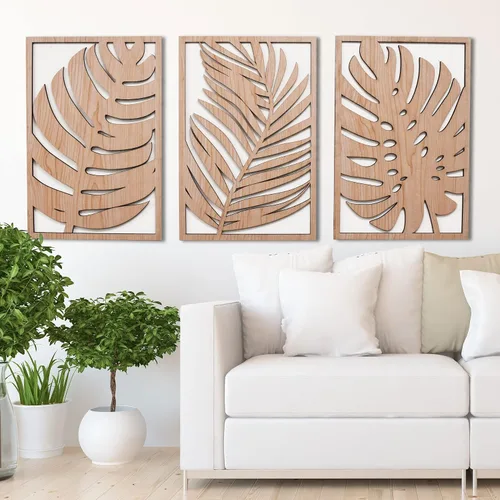 Vista 6 de Juego de 3 paneles de arte de pared de madera con hojas tropicales de Monstera, estilo bohemio, casa de campo moderna