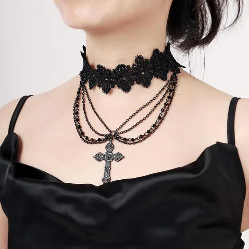 Vista 5 de Eigso Gargantilla de encaje retro estilo gótico vintage con colgante de cadena de cuentas, vampiro para mujer A2: negro