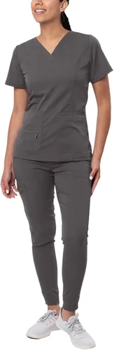 Vista 15 de Adar Pro Scrubs for Women Set - V-Neck & Jogger Cargo Pants, 7 Pockets Blanco