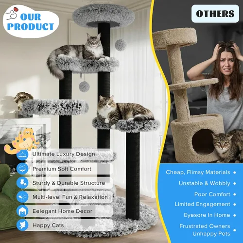 Vista 5 de SHA CERLIN Torre de árbol para gatos de 61.5 pulgadas, centro de actividades de varios niveles con percha acogedora, plataforma