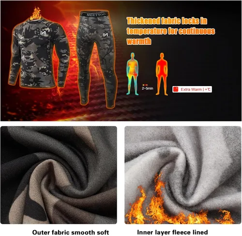 Vista 2 de MEETYOO Ropa interior térmica para hombre, capa base para hombre, 2 juegos de calzoncillos largos forrados con equipo de caza 2 camuflajes negros