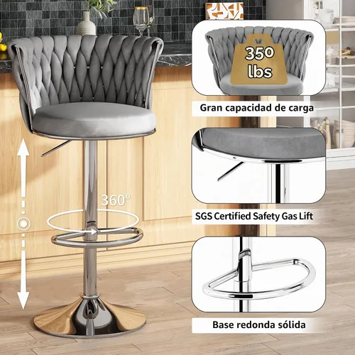 Vista 7 de Lamerge Juego de 2 taburetes de bar de terciopelo, sillas de bar giratorias modernas, taburetes de bar de cocina, taburetes de bar ajustables, Gris