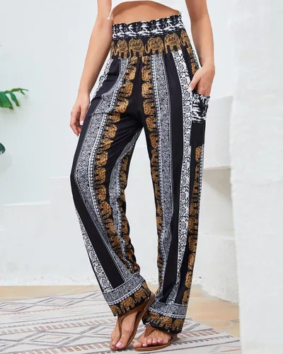 Vista 8 de QIANXIZHAN - Pantalones deportivos de tiro alto para mujer, diseño estilo harén bohemio con bolsillos, para yoga