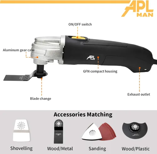 Vista 2 de APLMAN Herramienta oscilante multiusos, multiherramienta oscilante de 1.6 amperios con ángulo de oscilación de 3.2°, velocidad única y 8 accesorios