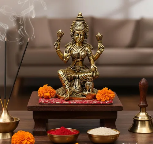 Vista 2 de eSplanade Escultura de estatua de ídolo de Murti de Laxmi Lakshmi de latón Ídolos Pooja - Decoración para el hogar Dorado - 6.75 pulgadas