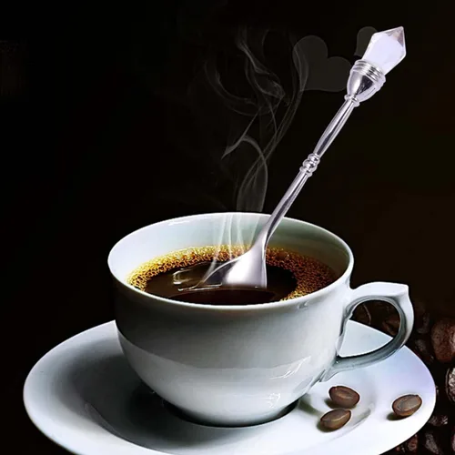 Vista 8 de Kichvoe Cuchara de café retro estilo corte europeo de 4.13 pulgadas, mini cuchara agitadora con cabeza de diamante incrustada para postre de café
