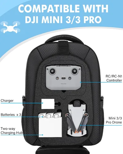 Vista 3 de PEKREWS - Funda para DJI Mini 3 / Mini 4 Pro, para RC 2, controlador RC-N3/N2/N1 Fits 15.6'' Laptop, Expandable 30 L Drone Backpack, Waterproof