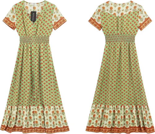 Vista 3 de RVIVIMOS Vestido de verano para mujer manga corta algodón estampado con botones bohemio