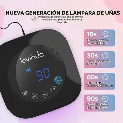 Vista 2 de Lámpara de uñas UV LED Lavinda, luz UV de 54W para esmalte de gel acrílico, lámpara de gel profesional con sensor automático, secador de uñas