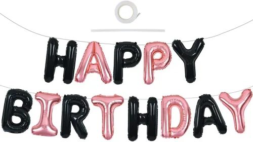 Vista 18 de TONIFUL Pancarta de Globos Negros de Feliz Cumpleaños de 16 Pulgadas con Letras de Papel de Aluminio Mylar, Cartel Banderín Reutilizable
