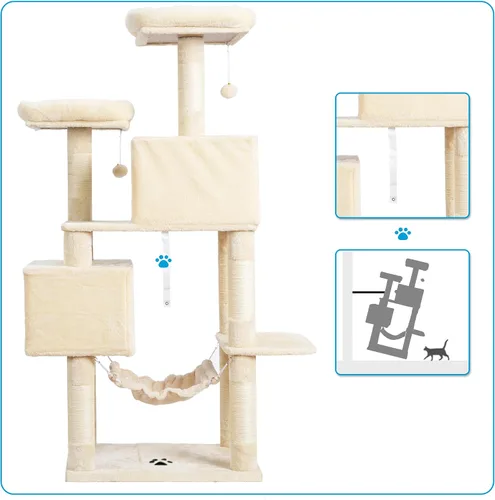 Vista 8 de Hey-brother - Mueble grande de casita de gato multinivel con postes rascadores cubiertos de sisal, 2 condominios de felpa más grandes, hamaca Beige