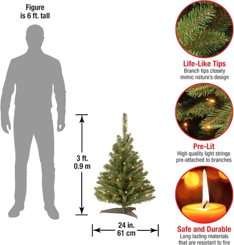 Vista 3 de National Tree Company - Mini árbol de Navidad artificial preiluminado de 3 pies de abeto Kincaid, 100 luces transparentes, 113 puntas, incluye