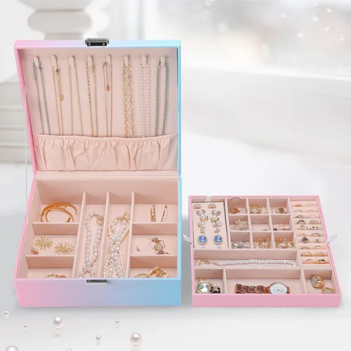 Vista 6 de ProCase Joyero para mujeres, niñas, novia, esposa, regalo ideal, organizador de joyas de cuero grande con dos capas para aretes, pulseras, anillos