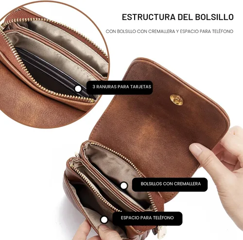 Vista 3 de Bolso bandolera pequeño de piel vegana BOSTANTEN para mujer, con diseño de cartera para celular, con correa ajustable A-01-retro Marrón